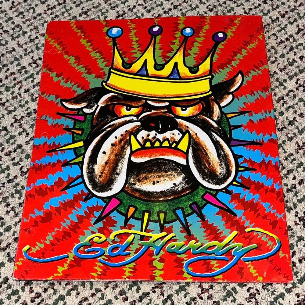 Ed Hardy vintage file folder licensed by Lisa Frank. Red with bulldog, made USA